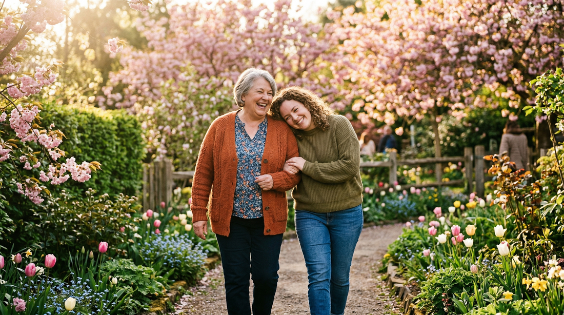 Mother and daughter walking arm in arm through a spring garden