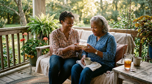 Mother and daughter sharing a gift on a sunny porch