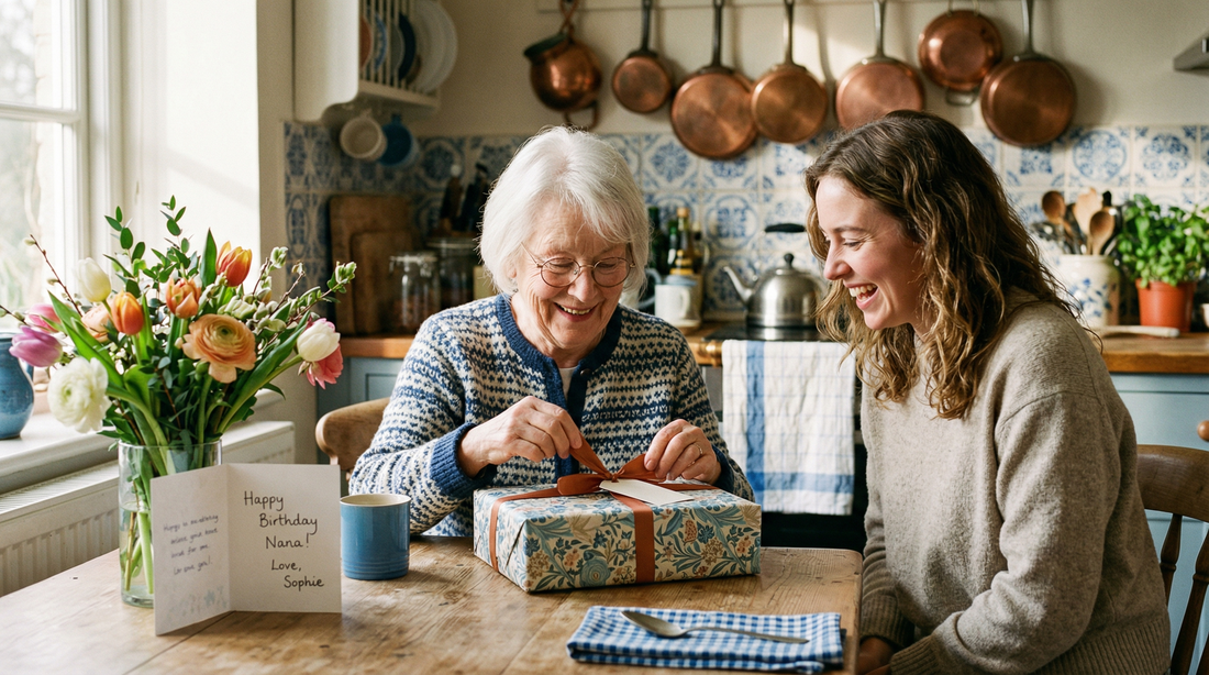 Grandmother opening a surprise gift with her granddaughter