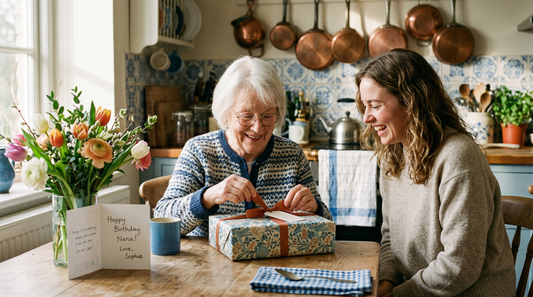 Grandmother opening a surprise gift with her granddaughter