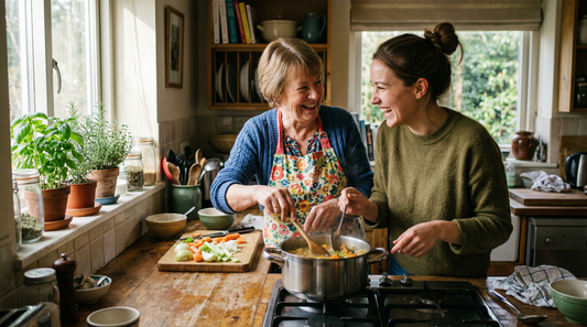 Grandmother and granddaughter cooking together in a warm kitchen