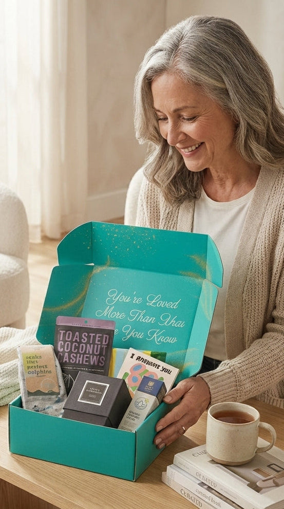 Woman opening a teal box on a wooden coffee table in a cozy living room.