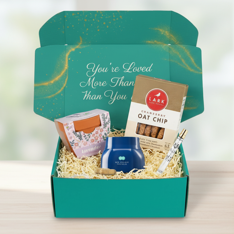 Gift box with snacks and a candle on a light background