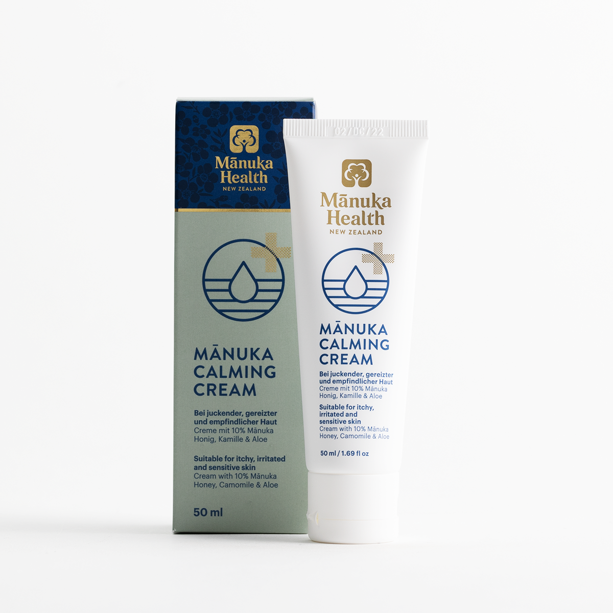 Manuka Health calming cream with 10% high-grade manuka honey, aloe, chamomile, and calendula for soothing sensitive, dry, and irritated skin.